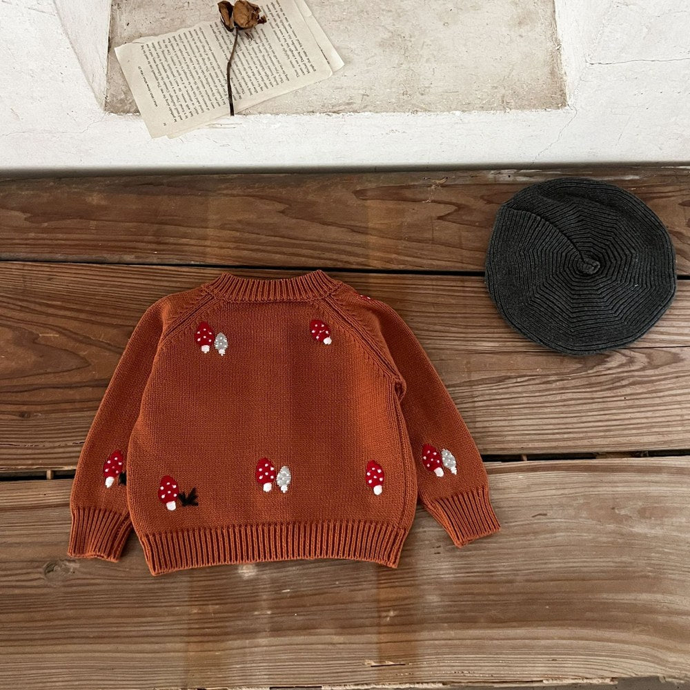 Baby Kids Comfortable Knitted Long Sleeves Cardigan with Mushroom Embroidery Pattern