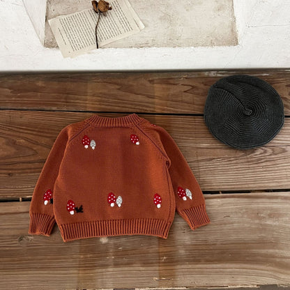Baby Kids Comfortable Knitted Long Sleeves Cardigan with Mushroom Embroidery Pattern