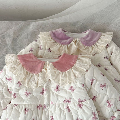 Baby Girls Butterfly-bows Printed Cotton-Padded Romper