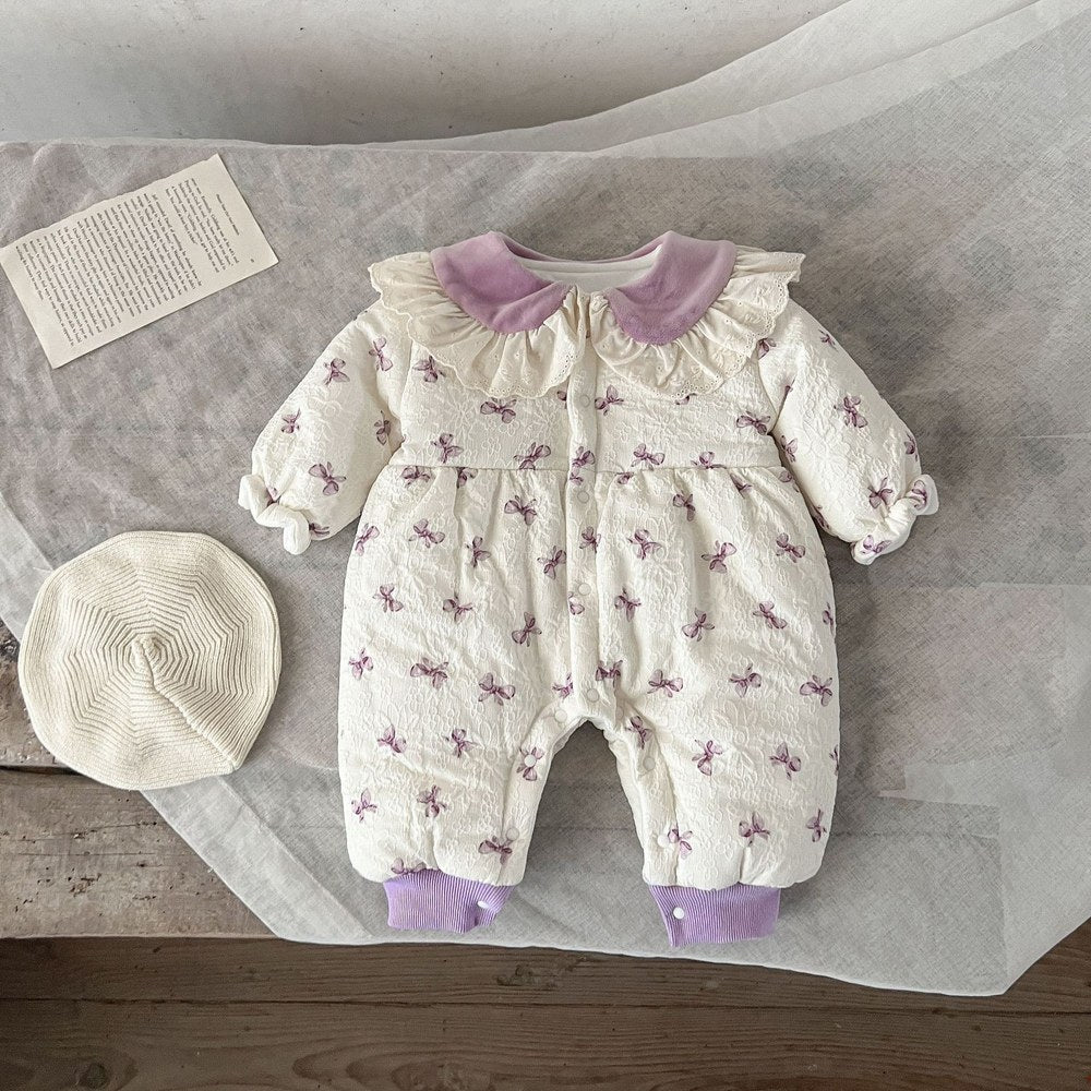 Baby Girls Butterfly-bows Printed Cotton-Padded Romper