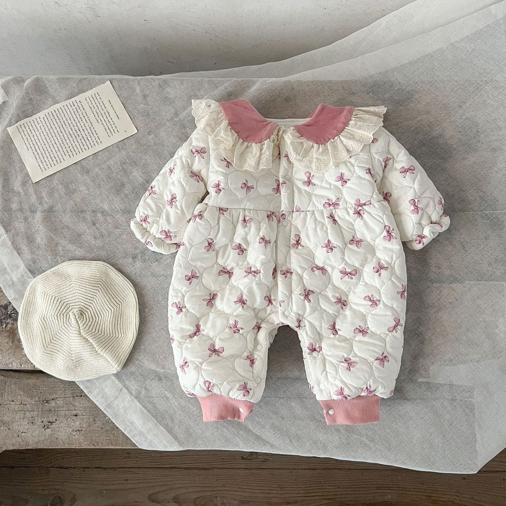 Baby Girls Butterfly-bows Printed Cotton-Padded Romper