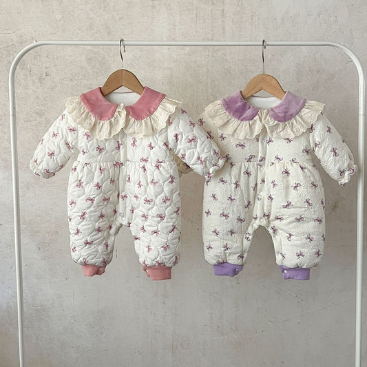 Baby Girls Butterfly-bows Printed Cotton-Padded Romper