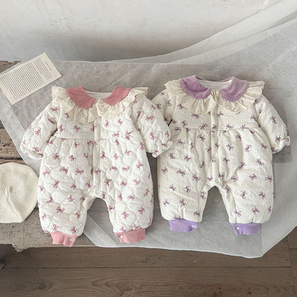 Baby Girls Butterfly-bows Printed Cotton-Padded Romper
