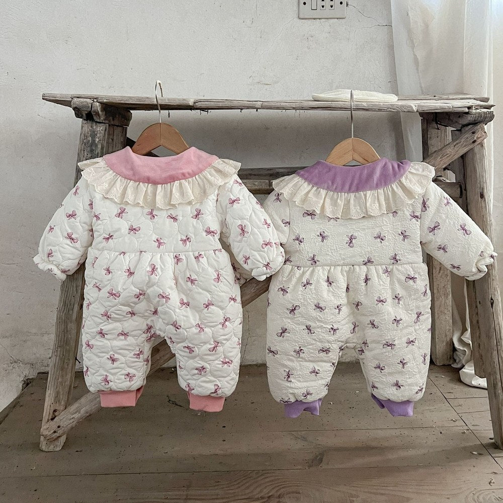 Baby Girls Butterfly-bows Printed Cotton-Padded Romper