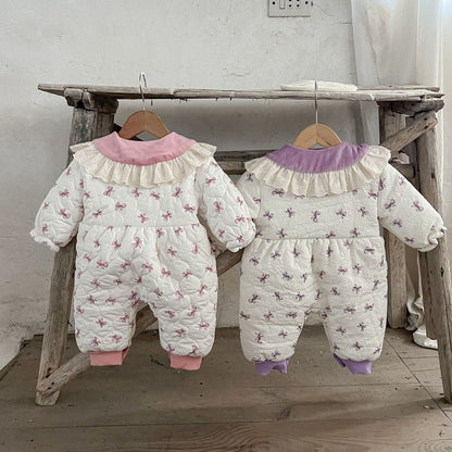 Baby Girls Butterfly-bows Printed Cotton-Padded Romper