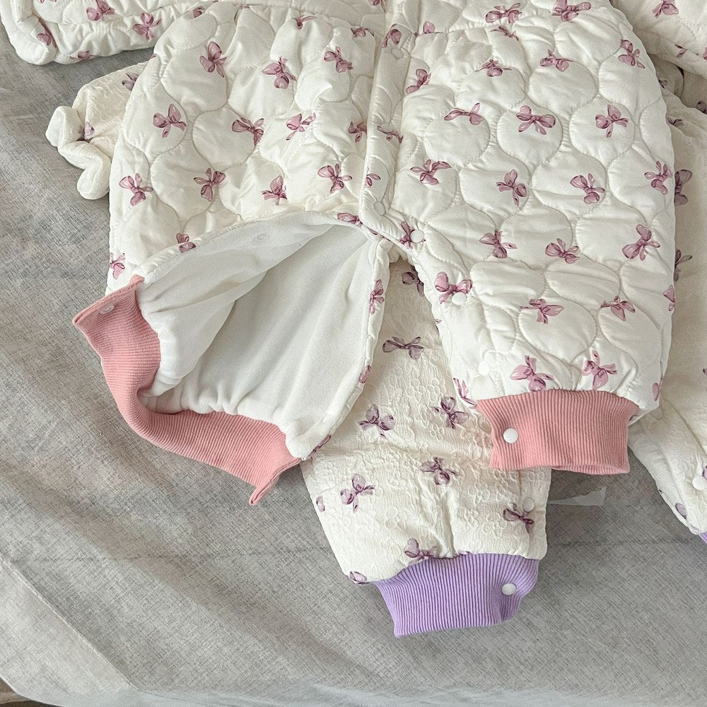 Baby Girls Butterfly-bows Printed Cotton-Padded Romper
