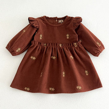 Baby Kids Girls Princess Flowers Embroidered Corduroy Long Sleeves Dress