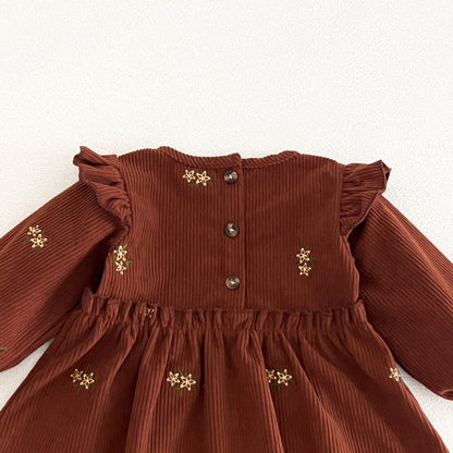Baby Kids Girls Princess Flowers Embroidered Corduroy Long Sleeves Dress