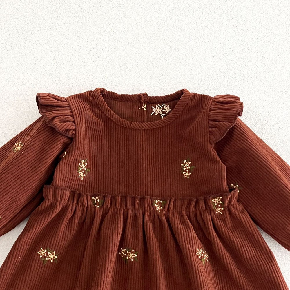 Baby Kids Girls Princess Flowers Embroidered Corduroy Long Sleeves Dress
