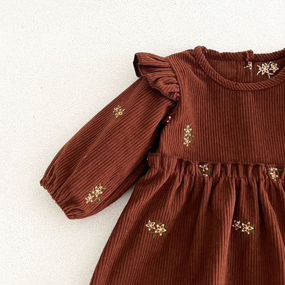 Baby Kids Girls Princess Flowers Embroidered Corduroy Long Sleeves Dress