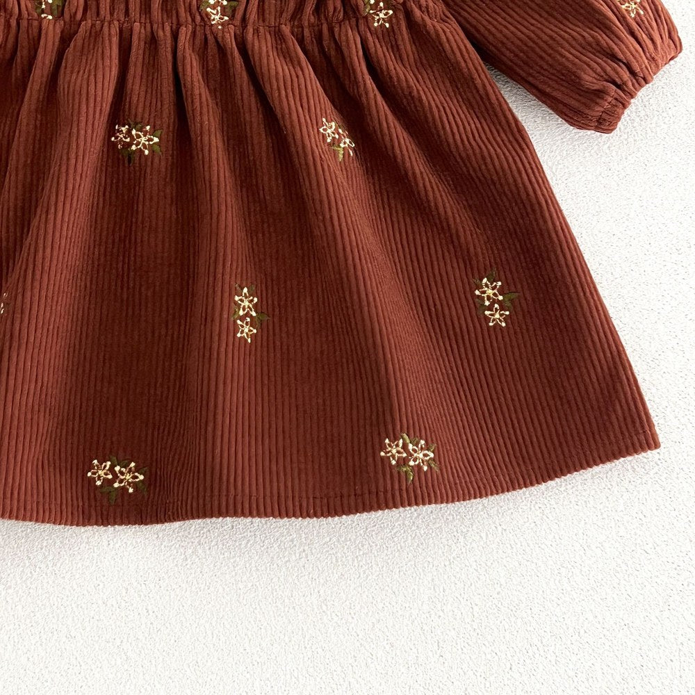 Baby Kids Girls Princess Flowers Embroidered Corduroy Long Sleeves Dress