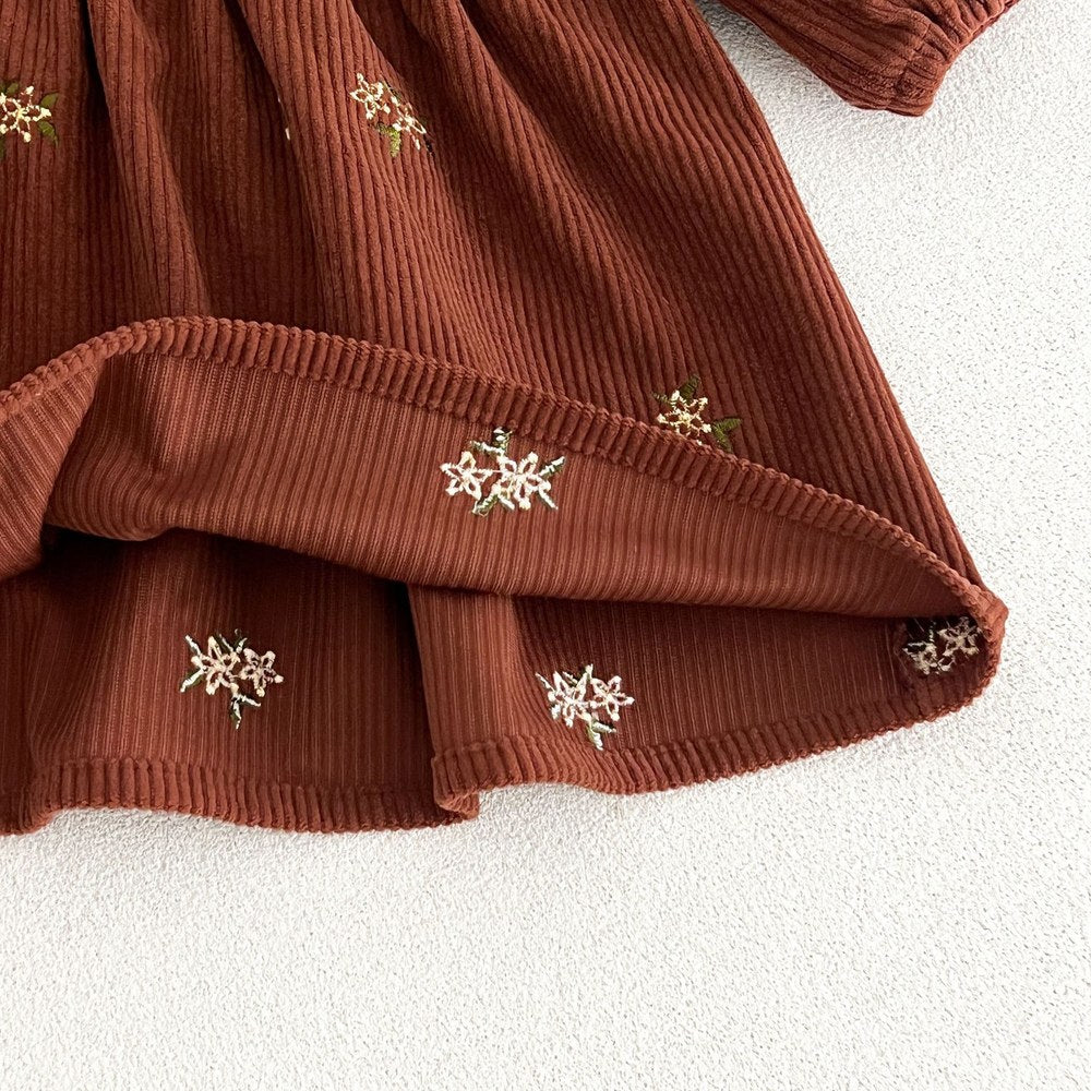 Baby Kids Girls Princess Flowers Embroidered Corduroy Long Sleeves Dress