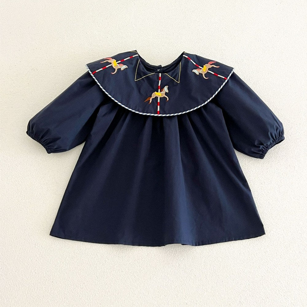 Baby Kids Girls Princess Horse Embroidered Collar Long Sleeves Dress