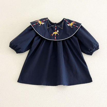 Baby Kids Girls Princess Horse Embroidered Collar Long Sleeves Dress