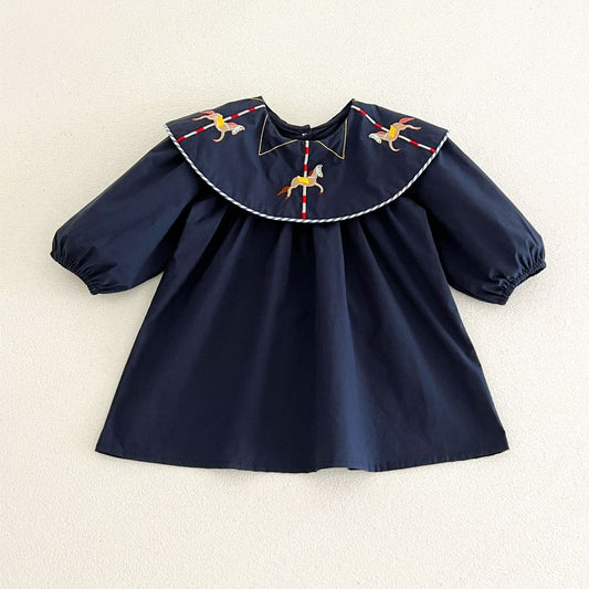 Baby Kids Girls Princess Horse Embroidered Collar Long Sleeves Dress