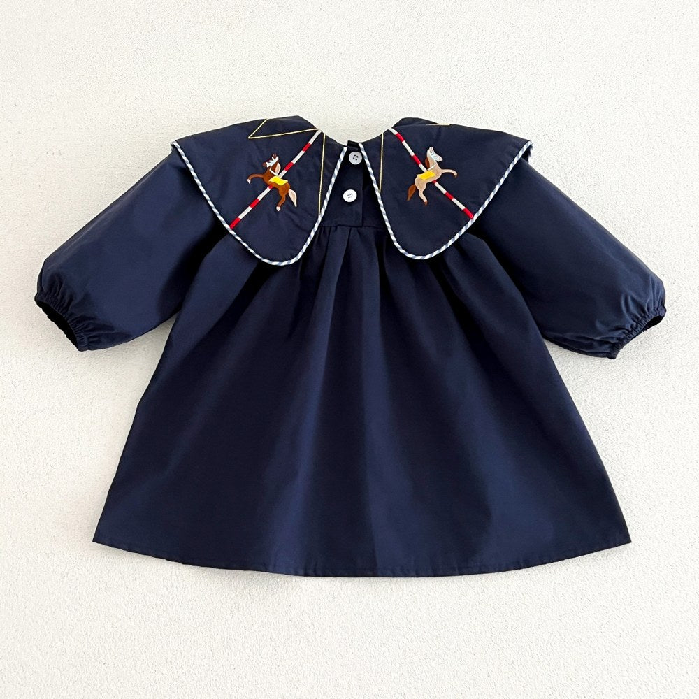 Baby Kids Girls Princess Horse Embroidered Collar Long Sleeves Dress