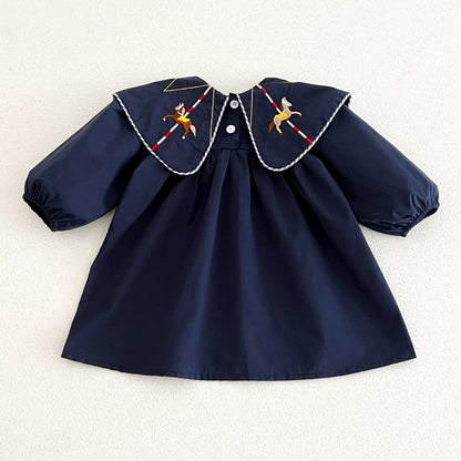 Baby Kids Girls Princess Horse Embroidered Collar Long Sleeves Dress