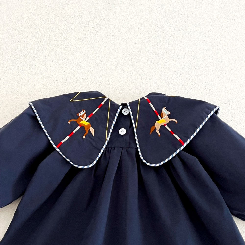 Baby Kids Girls Princess Horse Embroidered Collar Long Sleeves Dress