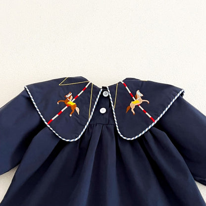 Baby Kids Girls Princess Horse Embroidered Collar Long Sleeves Dress