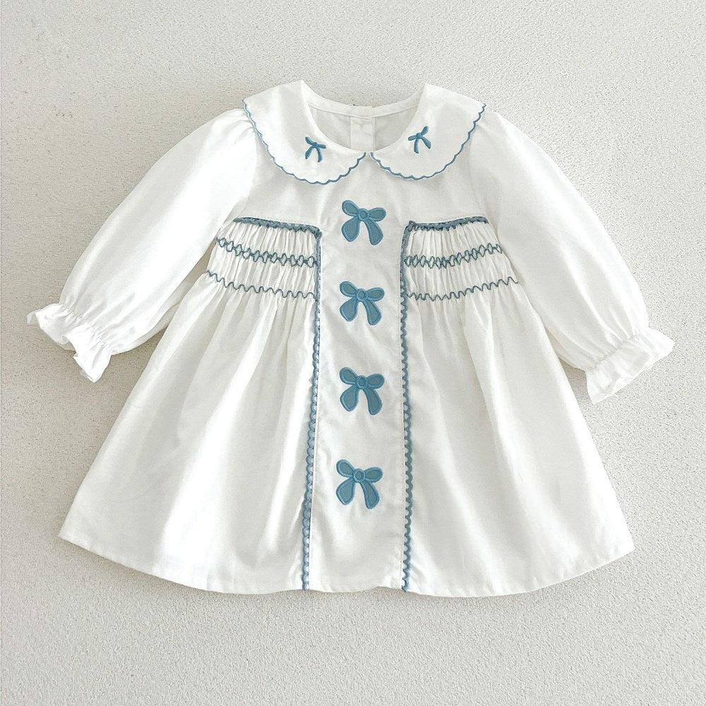 Baby Kids Girls Princess Long Sleeves Butterfly-bows Embroidered Dress