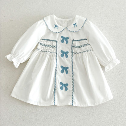 Baby Kids Girls Princess Long Sleeves Butterfly-bows Embroidered Dress