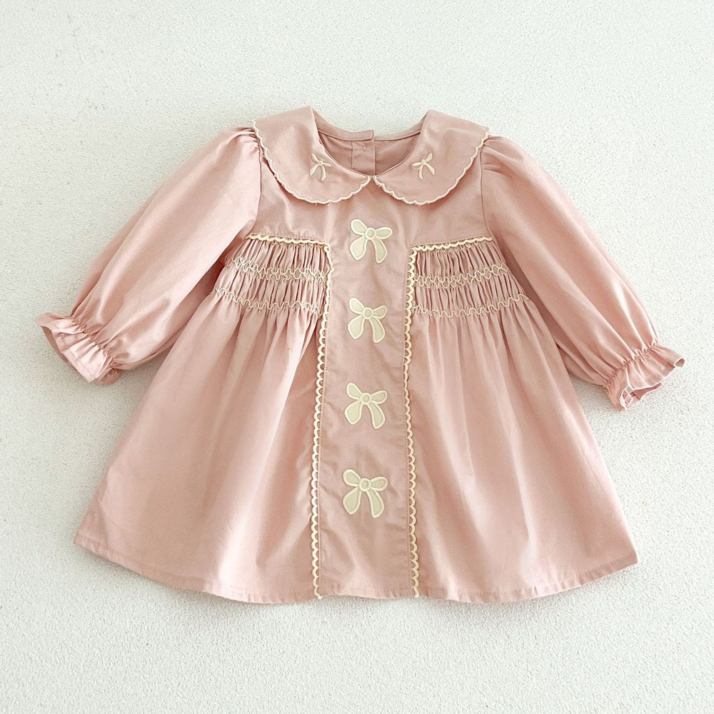 Baby Kids Girls Princess Long Sleeves Butterfly-bows Embroidered Dress