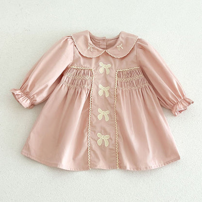 Baby Kids Girls Princess Long Sleeves Butterfly-bows Embroidered Dress