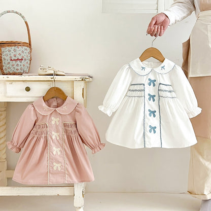 Baby Kids Girls Princess Long Sleeves Butterfly-bows Embroidered Dress