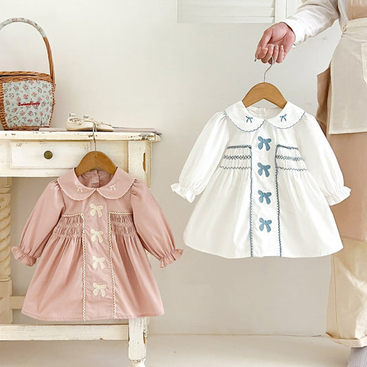 Baby Kids Girls Princess Long Sleeves Butterfly-bows Embroidered Dress