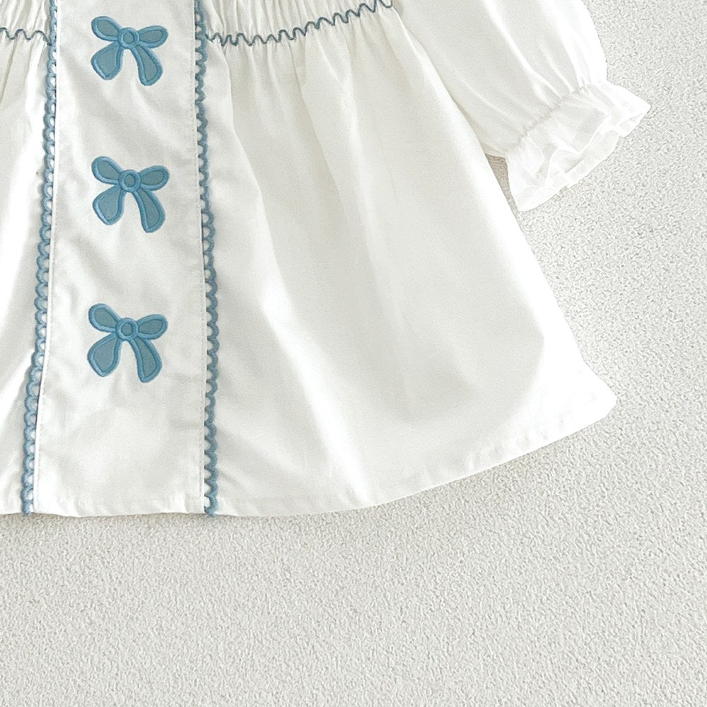 Baby Kids Girls Princess Long Sleeves Butterfly-bows Embroidered Dress
