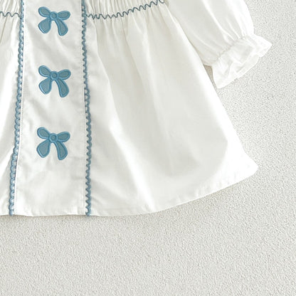 Baby Kids Girls Princess Long Sleeves Butterfly-bows Embroidered Dress