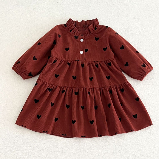 Baby Kids Girls Princess Hearts Pattern Corduroy Long Sleeves Dress