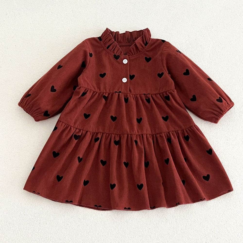 Baby Kids Girls Princess Hearts Pattern Corduroy Long Sleeves Dress