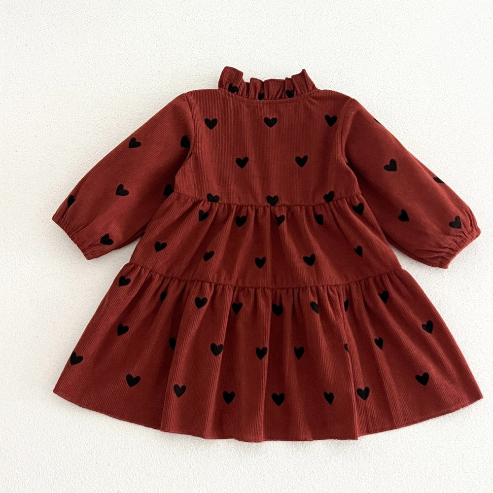 Baby Kids Girls Princess Hearts Pattern Corduroy Long Sleeves Dress