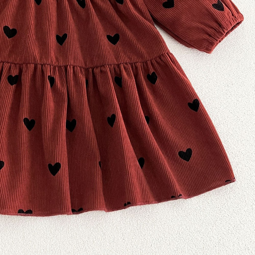 Baby Kids Girls Princess Hearts Pattern Corduroy Long Sleeves Dress