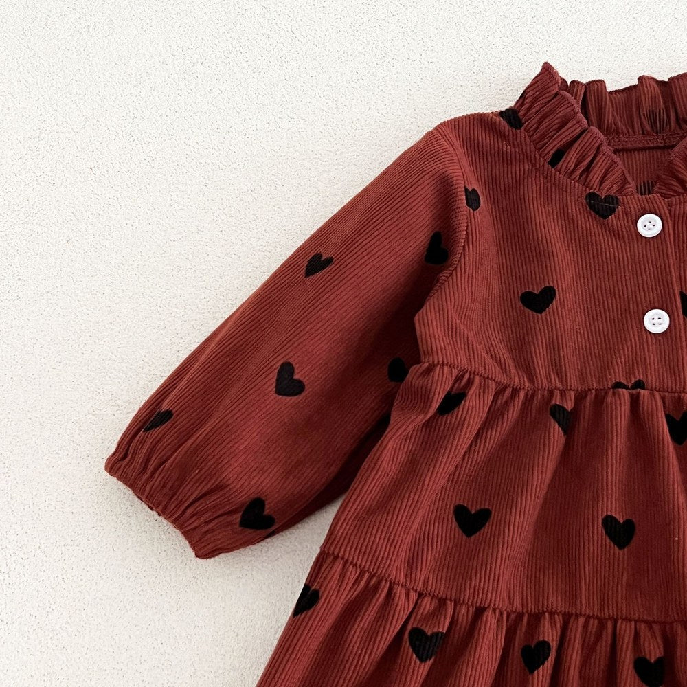 Baby Kids Girls Princess Hearts Pattern Corduroy Long Sleeves Dress