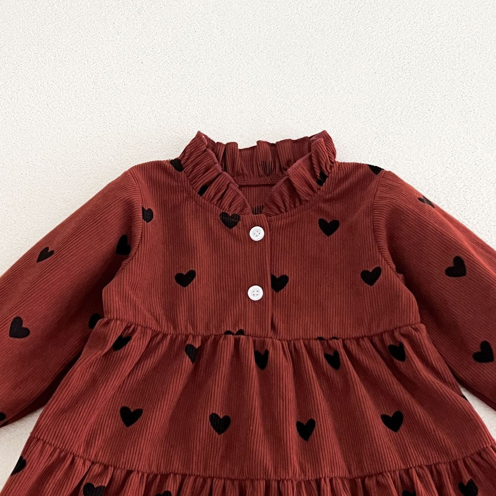 Baby Kids Girls Princess Hearts Pattern Corduroy Long Sleeves Dress