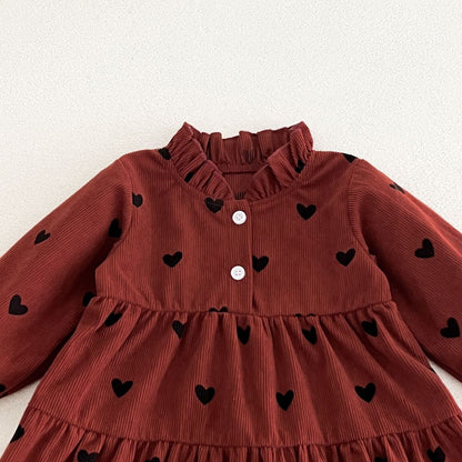 Baby Kids Girls Princess Hearts Pattern Corduroy Long Sleeves Dress