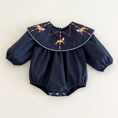 Baby Kids Princess Horse Embroidered Collar Long Sleeves Bodysuit