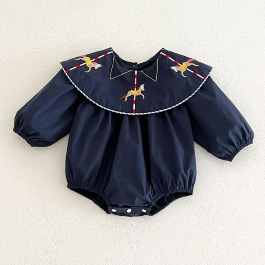 Baby Kids Princess Horse Embroidered Collar Long Sleeves Bodysuit