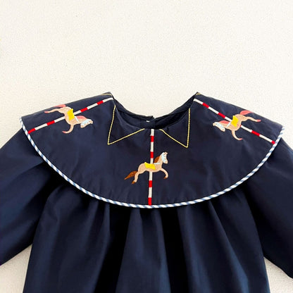 Baby Kids Princess Horse Embroidered Collar Long Sleeves Bodysuit