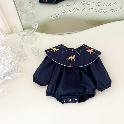 Baby Kids Princess Horse Embroidered Collar Long Sleeves Bodysuit