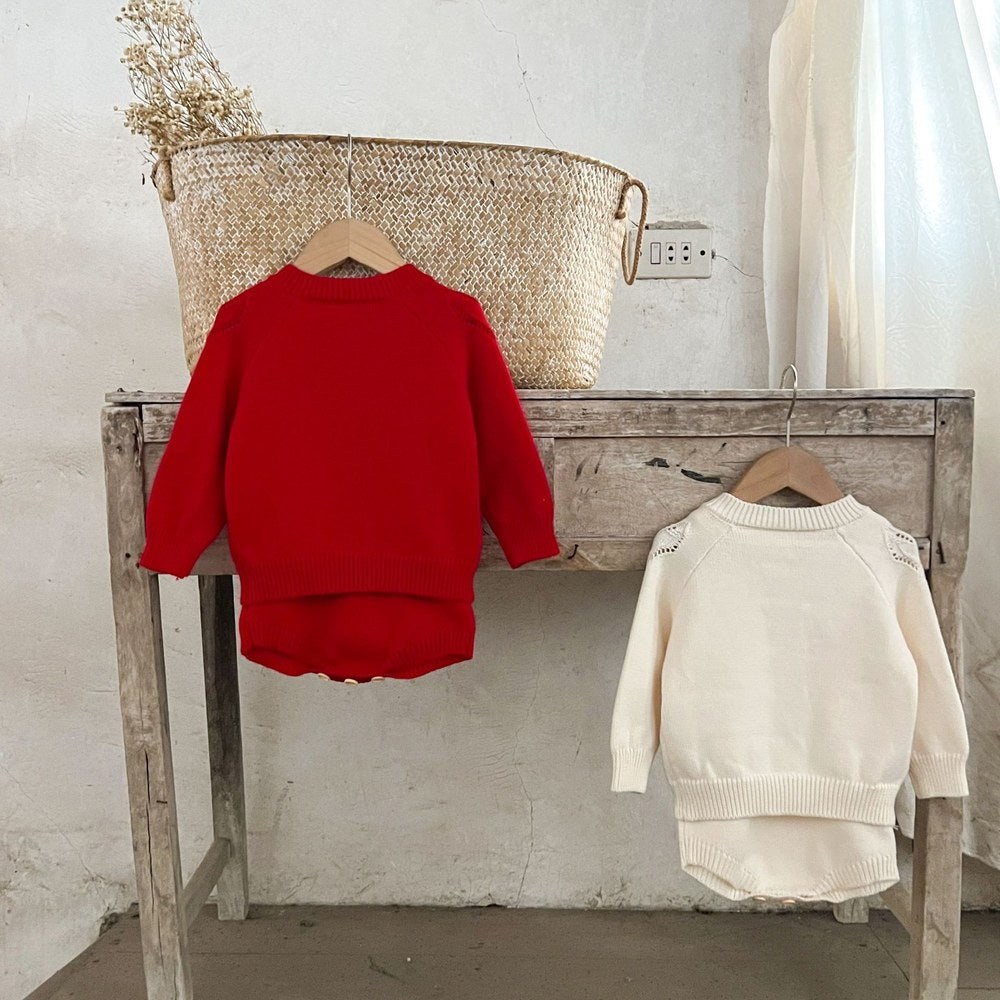 Baby Kids Long Sleeves Knitted Cardigan and Sleeveless Bodysuit 2-Piece Clothing Set