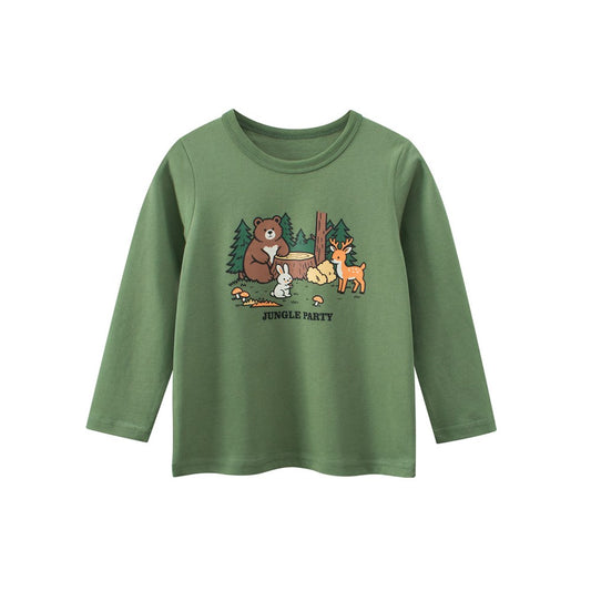 Baby Kids Boys Cartoon Print Long Sleeves Crew Neck Grey Top