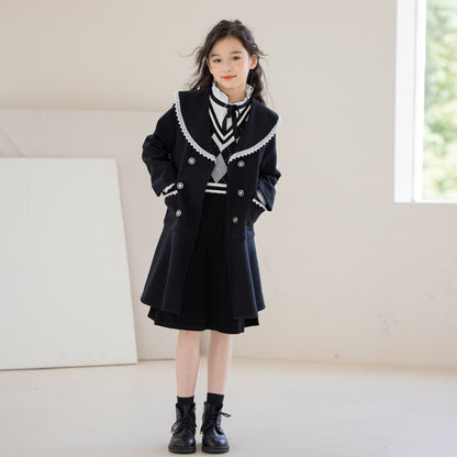 Long Sleeves Black Preppy One-Piece Dress for Stylish Girls