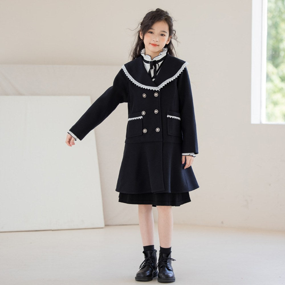 Long Sleeves Black Preppy One-Piece Dress for Stylish Girls