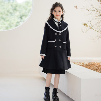 Long Sleeves Black Preppy One-Piece Dress for Stylish Girls