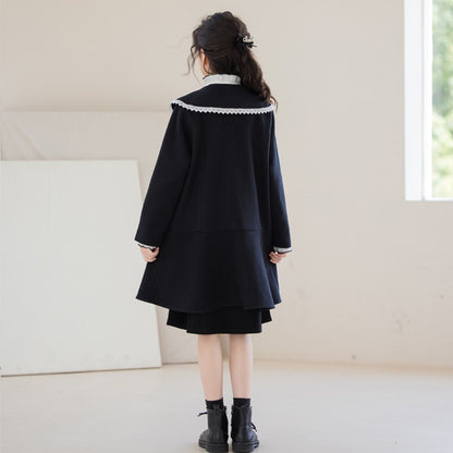 Long Sleeves Black Preppy One-Piece Dress for Stylish Girls