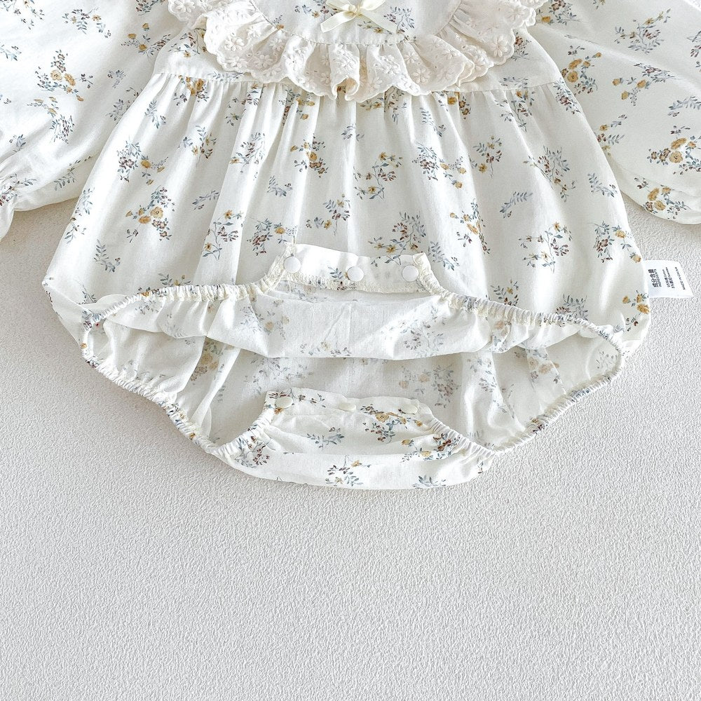Baby Girls Long Sleeves Flowers Pattern Bodysuit with Hat
