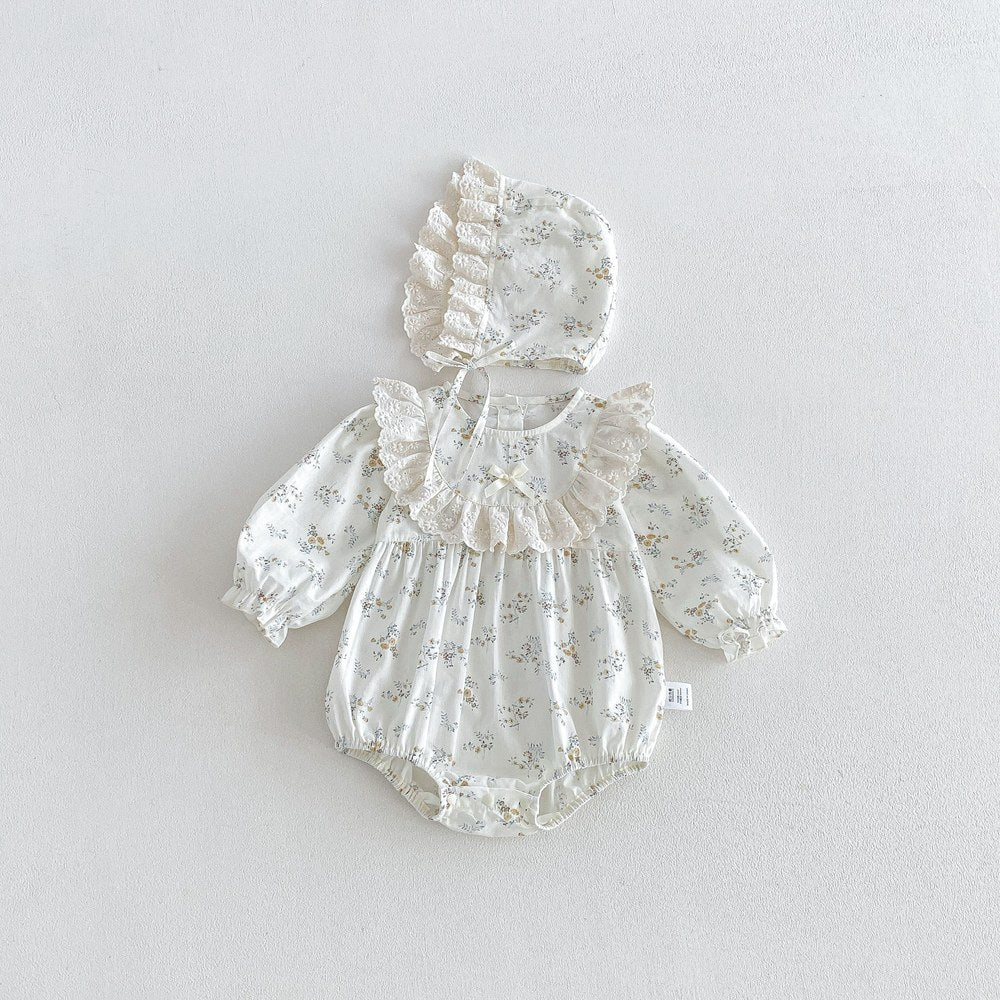 Baby Girls Long Sleeves Flowers Pattern Bodysuit with Hat